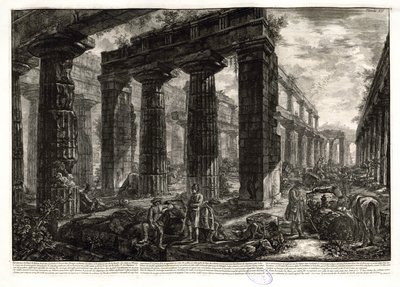 Vergleichen Sie den ersten Zustand dieser Darstellung mit der Ansicht des Tempels aus einer etwas höheren Position, mit anderer Figurenstaffage und einem leeren Schriftband, das lediglich unten rechts signiert ist. Ficacci, L. Giovanni Battista Piranesi. D von Giovanni Battista Piranesi